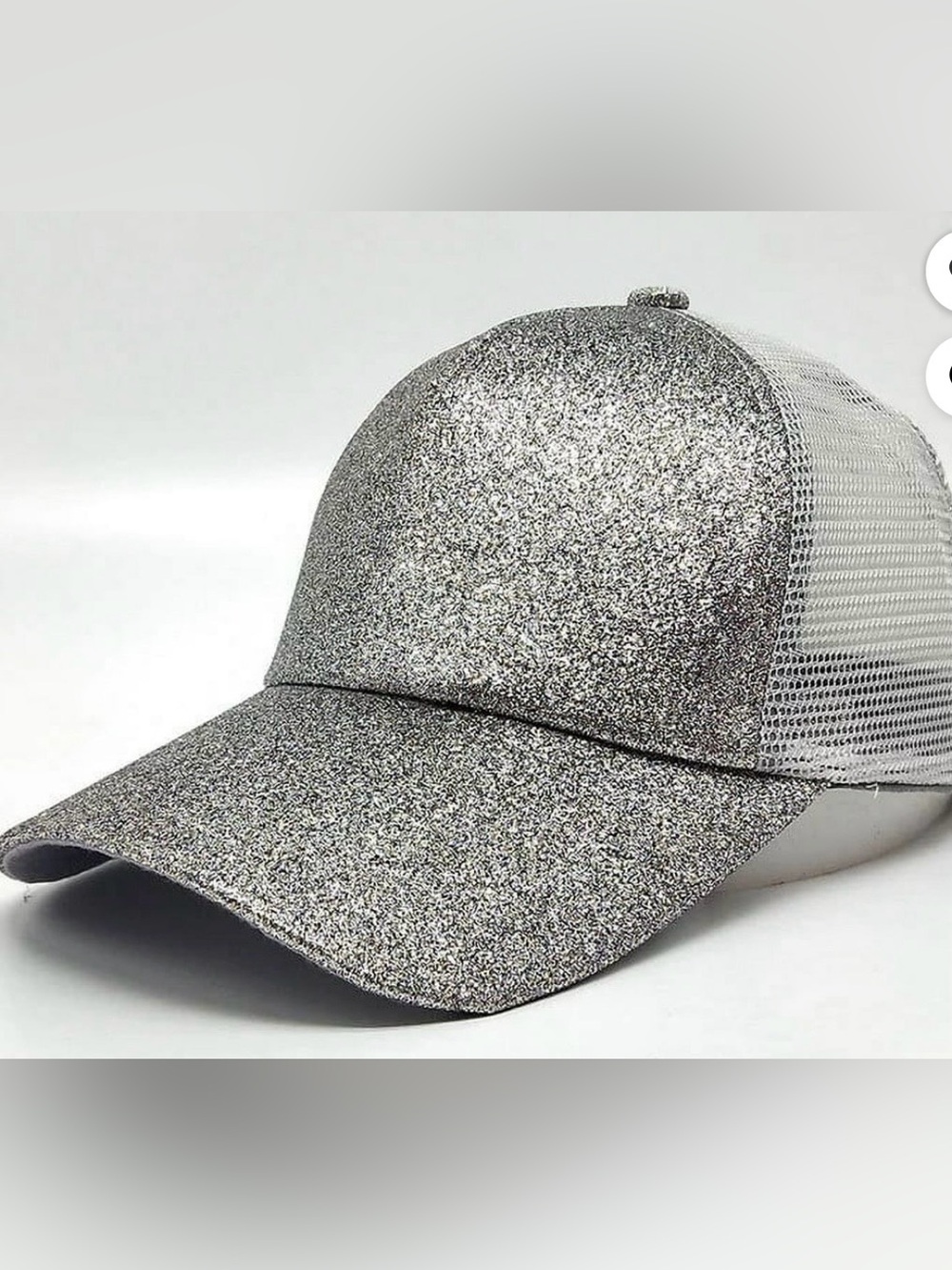 Messy NWT High Bun Ponytail Adjustable silver Glitter Mesh Trucker baseball cap